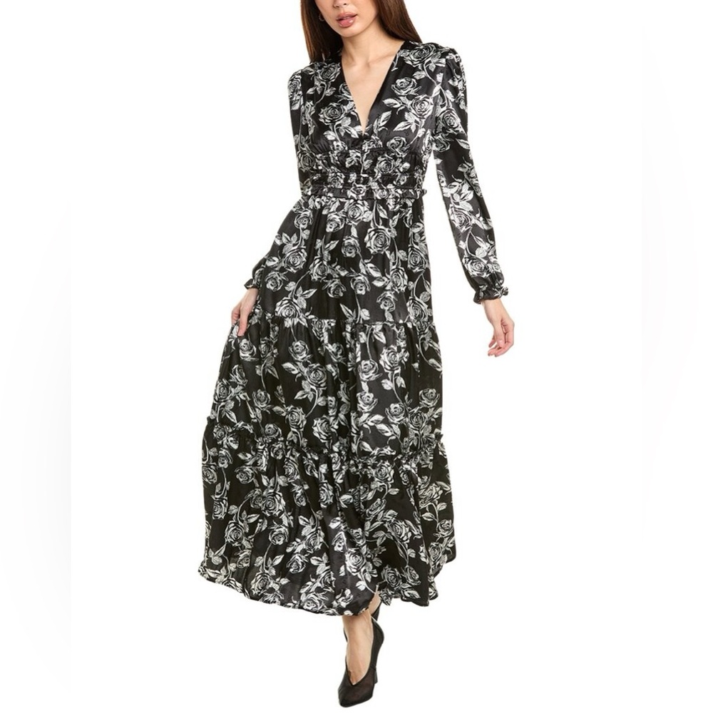 Gracia Black and White‎ Rose Print Long Sleeve Dress